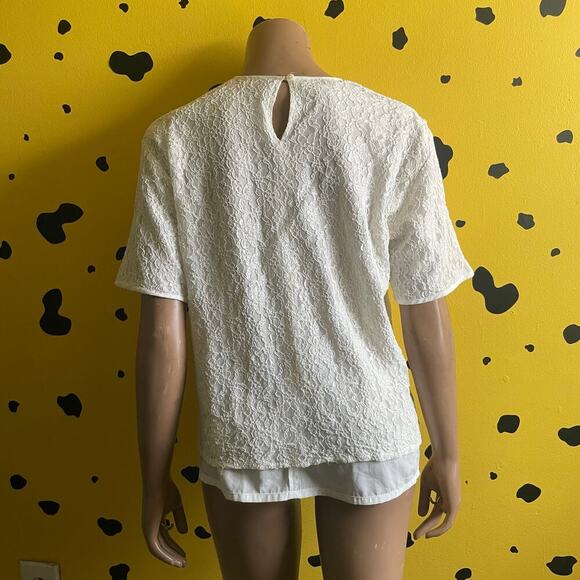 Vintage White Lace Blouse Womens M Sheer Lined Short Sleeve Cottagecore Romantic - Picture 2 of 11
